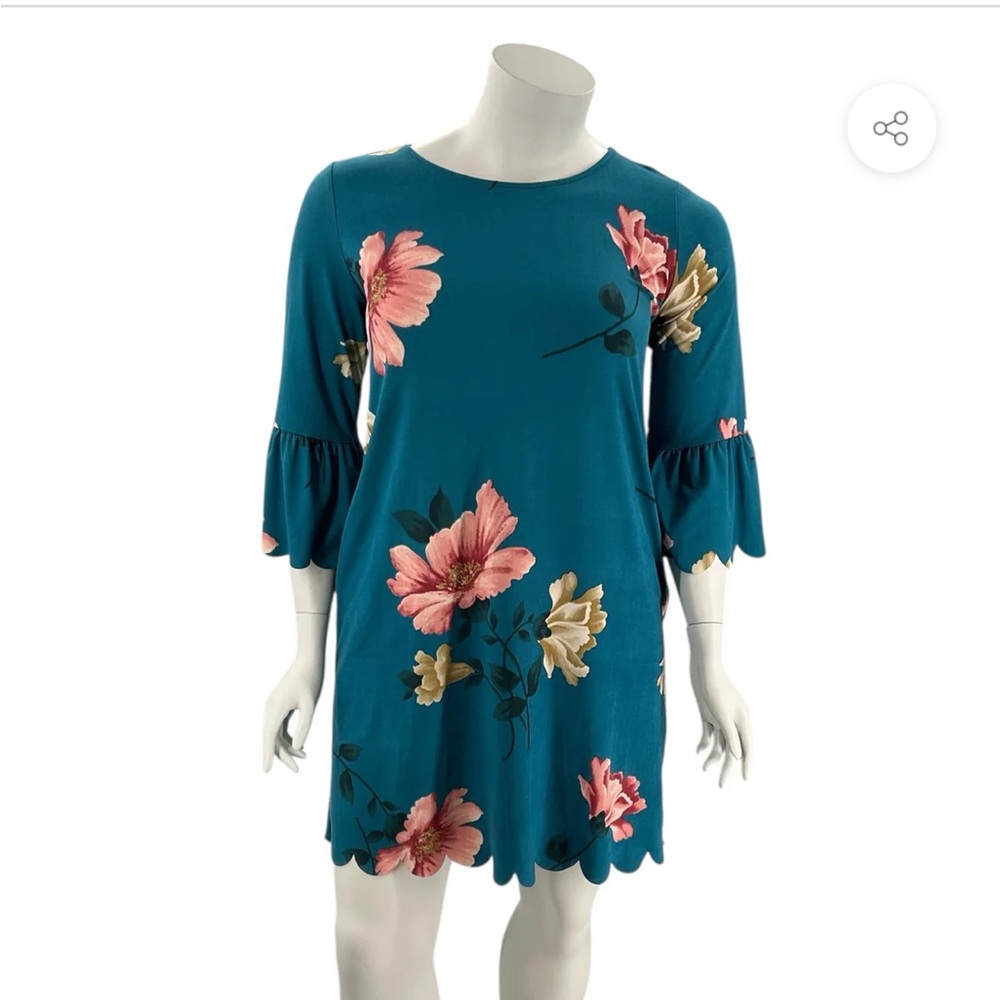 NWT JJ Boutique Teal Floral Dress with Ruffle Sleeves